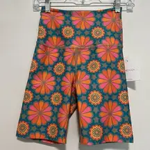 Beyond Yoga NWT Orange Flower Tile High Waisted Athletic Biker Shorts Size XS