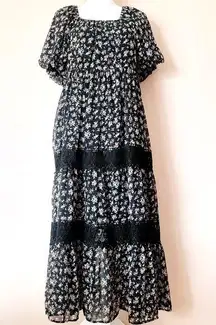 Arula Black & Red Green Dainty Floral Lace Trim Short Puff Sleeve Dress.