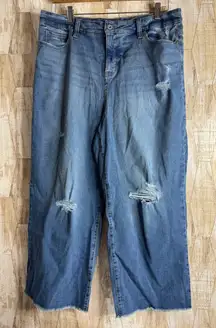 Style Co Women Wide Leg Crop Jeans Medium Wash Distressed Frayed Hem Size 14