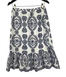 Adiva Women's Blue‎ White Embroidered Boho Cottagecore Midi Skirt Ruffle Hem M