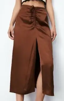 Zara Chocolate Brown Silk Cinched‎ Front Slit Maxi Midi Skirt Medium Island Girl