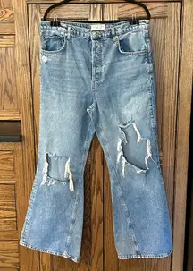 We The Free People Medium Wash Denim Jeans High Rise Flare Asymmetrical Seam  32