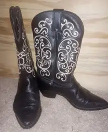 Women's Tony Lama Vintage Boots Black Leather White Embroidered 7.5 Western