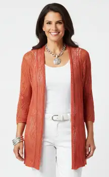 Soft Surroundings Terra Cotta Orange Crochet Sheer Open Front Cardigan Sweater M