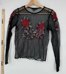 Floral Embroidered Black Mesh Top