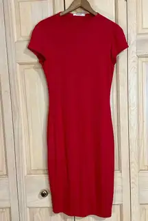 Red High Neck Form Fitting Bodycon Stretch Midi Dress Sz S