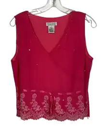 Vintage Y2K 100% Silk Beaded Bow Detail Babydoll Tank Top Small S Coquette Lace