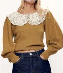 Zara Brown Tan Knit Sweater Peter Pan Collar Oversized Balloon Sleeves Boho