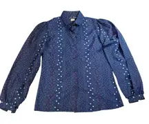 VTG Le Shirt womens navy button up, flowers, geometric. Size 3/4. 70s, 80s