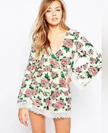 Ivory Floral With Lace Trim Long Bell Sleeve Modcloth Shorts Romper by Motel XL