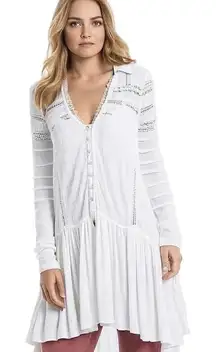 Free people set to stun white lace long sleeve tunic linen blend embroidery over