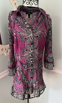 ALFANI WOMAN Purple Black Line Paisley PRINT STRETCHY Collared TUNIC TOP SIZE 12