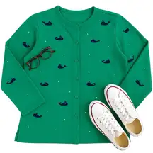 Quacker Factory Green Whale Embroidered Cotton Cardigan Nautical Prep Classic