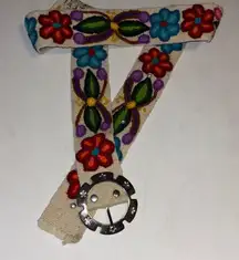 BELT…EMBROIDERED BELT COLORFUL FLORAL DESIGN SILVER BUCKLE UNIQUE AND DIFFERENT