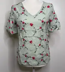 Kindred Anthro Petite Small Floral Embroidered Top V Neck Unlined Cottagecore