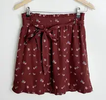 Cottagecore Floral Brown Mini Skirt with Bow Small