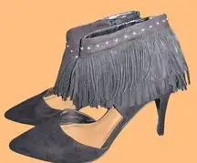 9West gently loved black suede fringe ankle shoes!