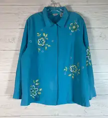 Laura Ashley XL Womens Embroidered Silk Linen Button Down Blue Blouse Sequins