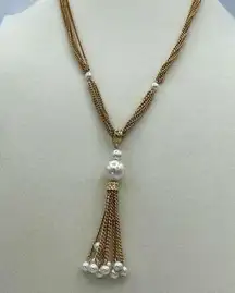 Vintage faux peal and multi layered chain  pearl tassel necklace.