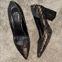 Marc Fisher Black and Gold Patterned Heels VIVIENE PUMP
