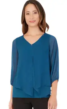 Apt 9 Teal Layered asymmetrical Blouse V-neck Overlay
