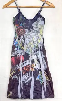 Y2K Feathers Medium Blue Mini Dress‎ Smocked Graffiti Grunge Tattoo Retro Cute