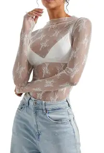 SUUKSESS Women Sexy Mesh Sheer Long Sleeve Tops Mock Neck Going Out Lace Shirts