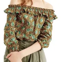 J.Crew Ratti Elephant Print Off-the-Shoulder Ruffle Top Gold Boho Women's Size 4
