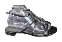 Stuart Weitzman Gladiator Strap‎ Sandals Black Leather Silver Chain Women's 8