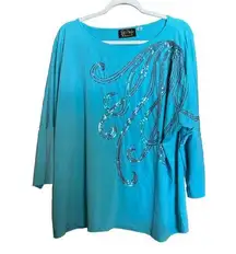 Bob Mackie Wearable Art Top Womens 1X Blue Sequin Embellished Stretch Blouse