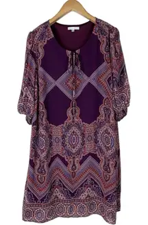 Sandra Darren Women’s 20W Floral Paisley Keyhole Tie Front Shift Dress Purple