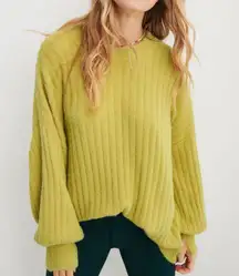 Aerie Buttercream Crewneck Sweater Ribbed Medium Batalia Green Yellow Chartreuse