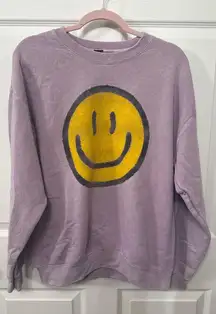 Sweet Claire Smiley Face Crew Neck Purple Oversized Sweatshirt, S/M