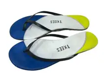 TKEES Neon Yellow & Blue Colorblock Leather Thong Sandal Flip Flops Size US 8