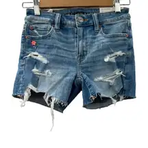 American Eagle Light Wash Next‎ Level Stretch Midi Distressed Denim Shorts Sz 00