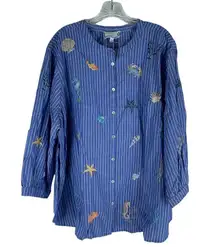 Johnny Was  Portia Puff Sleeve Shirt Striped Embroidery Blue Size 2X