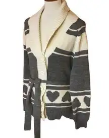 Forever 21 Gray and Cream Heart Belted Cardigan Sweater