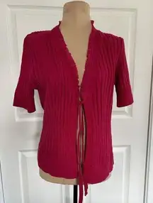 VAN HEUSEN Cotton Tie Front Knit Short Sleeve Ruffle Trim Raspberry Sweater Sz S