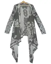 Neiman Marcus Gray Lace Print Waterfall Cardigan Sweater Duster Open Front Large