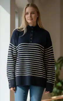 NWT Zara Navy Striped Half-Button  Knit Sweater Navy  Off white  Wool Oversize