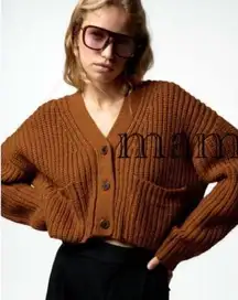 ZARA  Brown Ribbed Knit Cropped Long Sleeve Button Front Cardigan Sweater Size XS