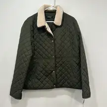 Lauren Ralph Lauren Womens Jacket XL Green Quilted Puffer Button Faux Fur Collar