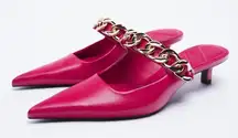 NEW ZARA MULES W/‎ METAL CHAIN DETAIL DARK PINK HEELED WOMENS SIZE 6.5