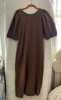 Long brown puff sleeve modest back tie dress fall style midi maxi long dress