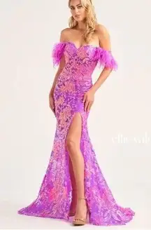 Ellie Wilde EW34034 Size 8 Purple Long Sheer Sequin Feather Gown