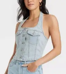 NEW UNIVERSAL THREAD Denim Halter Crop Top Button Down Size XL Light Blue Boho