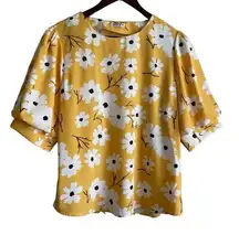 Why Dress Women Flowy Top M Yellow Floral Short Tiered Puff Sleeve Dainty Girlie