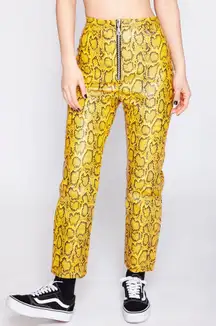 The Ragged Priest Faux Leather Snakeskin Pants Sz Small Yellow Black Front Zip