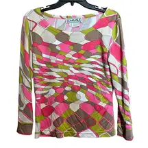 CARLISLE Top Womens Medium Multicolor Artsy Print Silk Round Neck Blouse