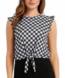 Ann Taylor Women’s Crop Tie Top Cap Sleeve Black White Check Gingham Size XL